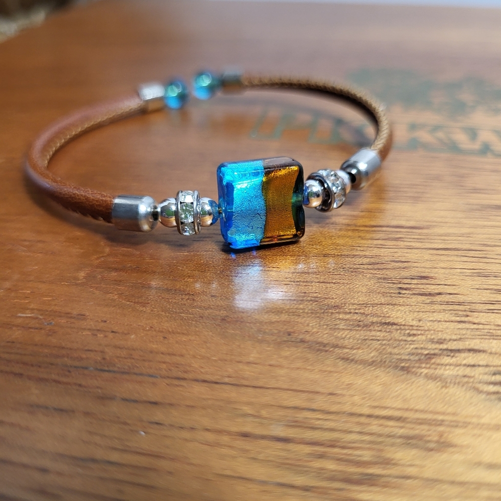 Amber and Blue Dichroic Glass Faux Leather and Rhinestone Tension Bracelet